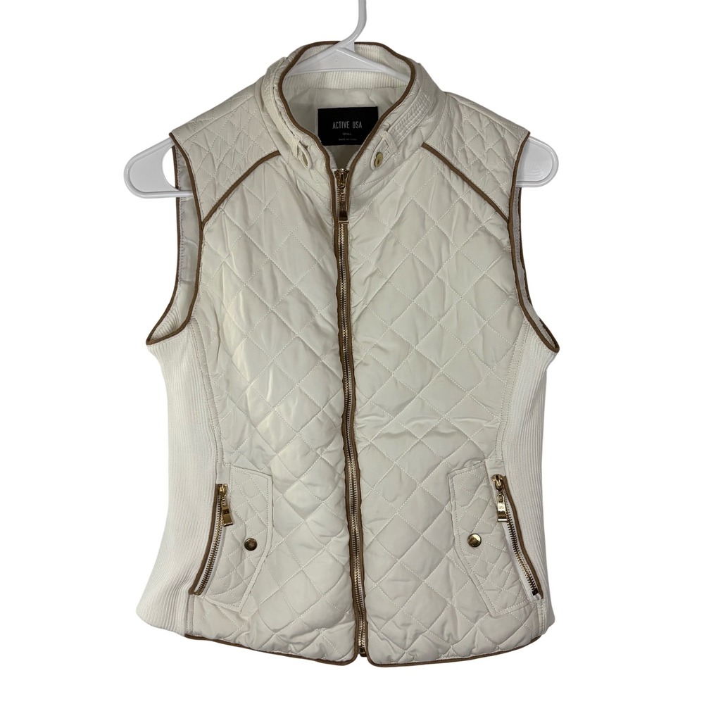 Active USA Womens Quilted Puffer Vest Cream White Tan Trim Gold Zip Small